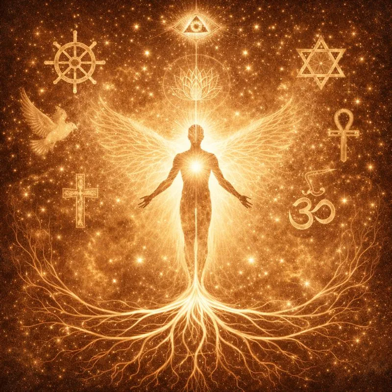 Ilustração de uma figura luminosa com asas e raízes, rodeada de símbolos espirituais
