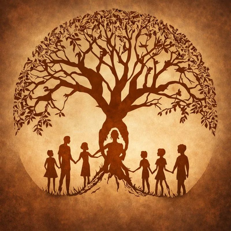 Ilustração de uma árvore com uma família de mãos dadas junto às raízes