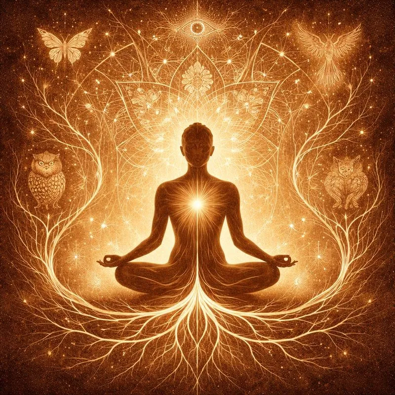 Ilustração de uma figura em meditação com raízes e luz dourada, símbolo da consciência individual