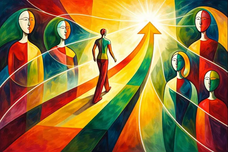 Pintura de uma pessoa a caminhar por um percurso colorido rodeada por outras figuras