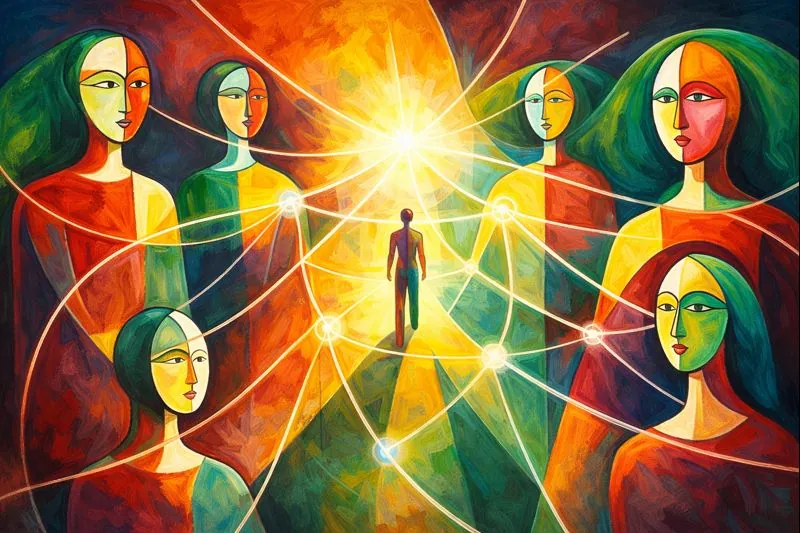 Pintura de várias figuras ligadas entre si, como num sistema familiar