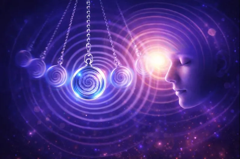 Pêndulo e espirais de luz, evocando um estado de relaxamento profundo