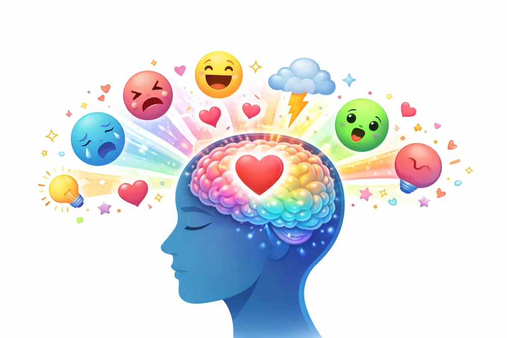 Ilustração de uma cabeça com um coração e várias emoções à volta