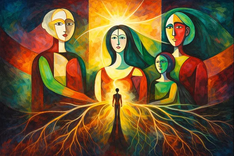 Pintura de várias gerações de uma família com raízes que as unem