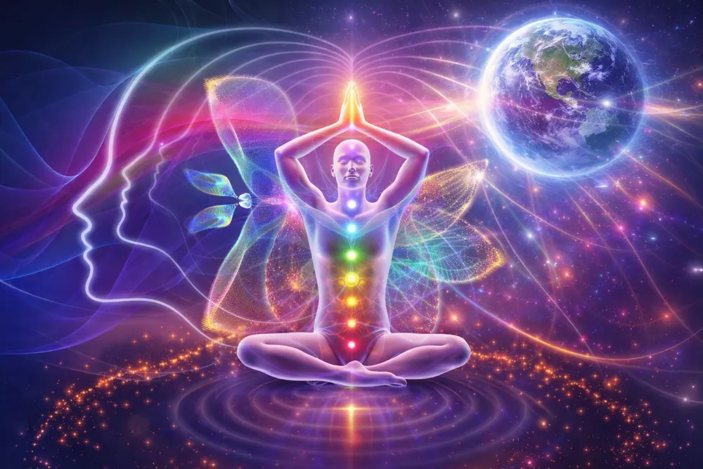 Ilustração de uma figura em meditação com os chakras iluminados